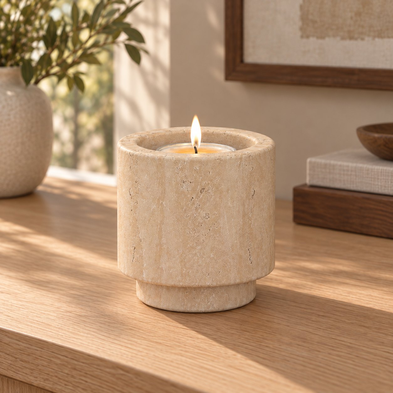 Tall RoundHaven Classico travertine candle holder with one lit tealight, front view in a warm sunlit interior
