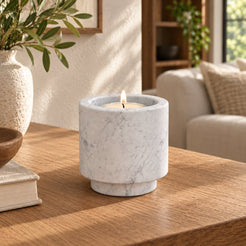 RoundHaven Candle Holders, Italian Carrara Marble, Tall, single configuration in a warm naturally lit oak interior