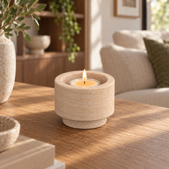 RoundHaven Candle Holders, Italian Classico Travertine, Short, single configuration in a warm naturally lit oak interior