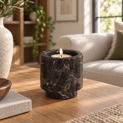 RoundHaven Candle Holders, Spanish Emperador Marble, Tall, single configuration in a warm naturally lit oak interior