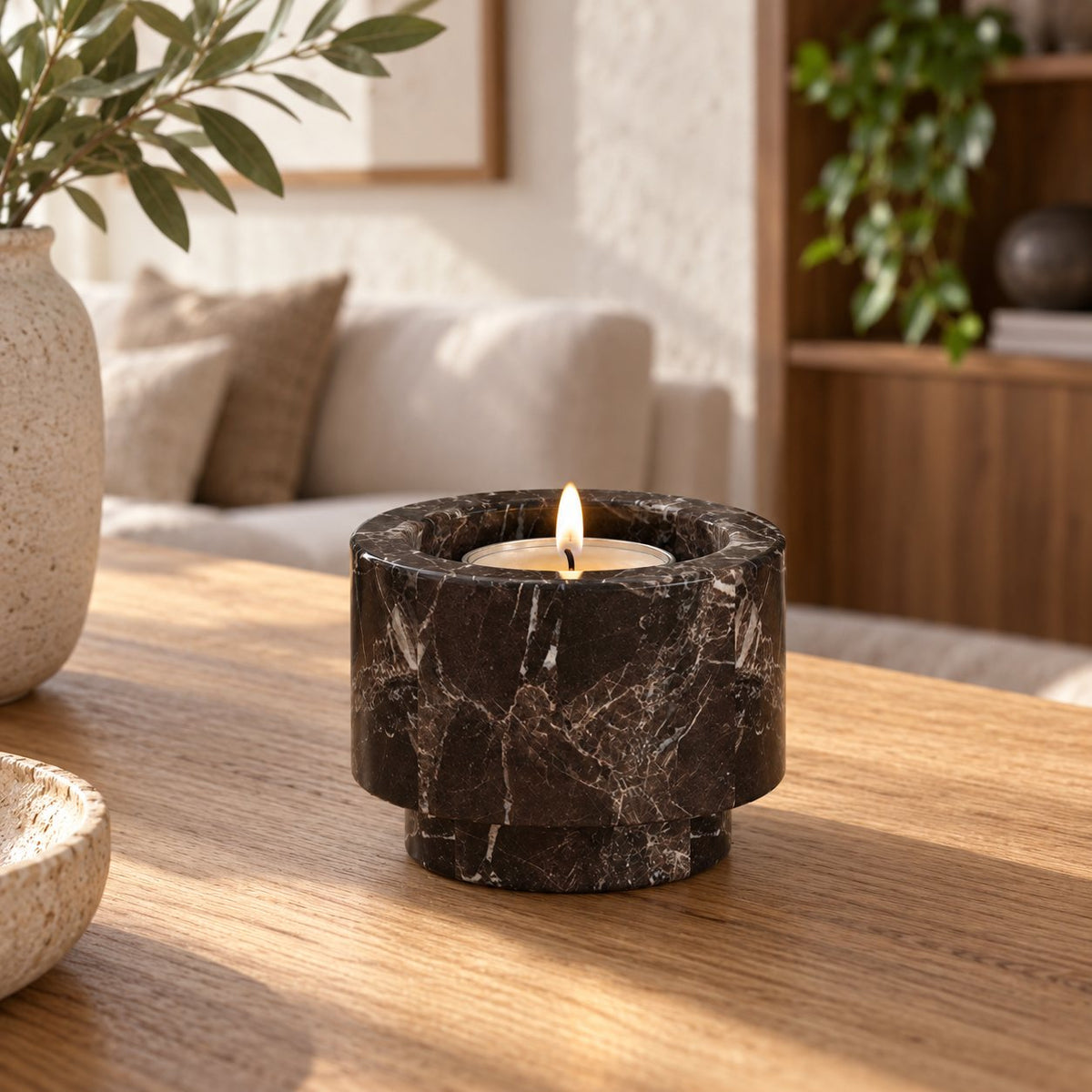 RoundHaven Candle Holders, Spanish Emperador Marble, Short, single configuration in a warm naturally lit oak interior