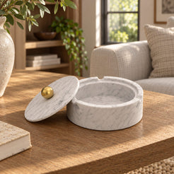 RoundHaven Stone Ashtray, Italian Carrara Marble, single configuration in a warm naturally lit oak interior