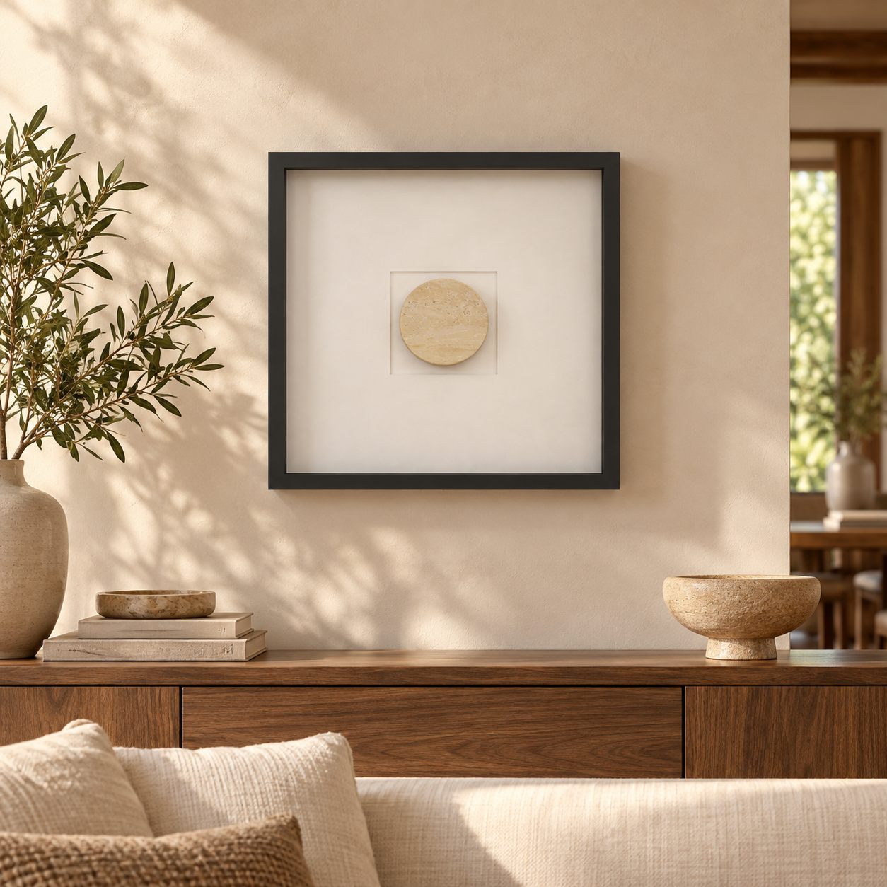 RoundHaven wall frame decor with a Classico travertine circular center, front view in a sunlit warm interior