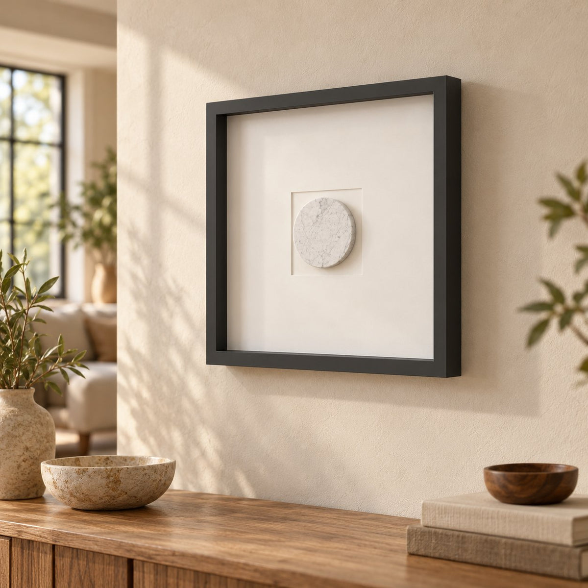 RoundHaven Wall Frame Decor, Italian Carrara Marble, single configuration in a warm naturally lit oak interior