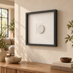 RoundHaven Wall Frame Decor, Italian Carrara Marble, single configuration in a warm naturally lit oak interior