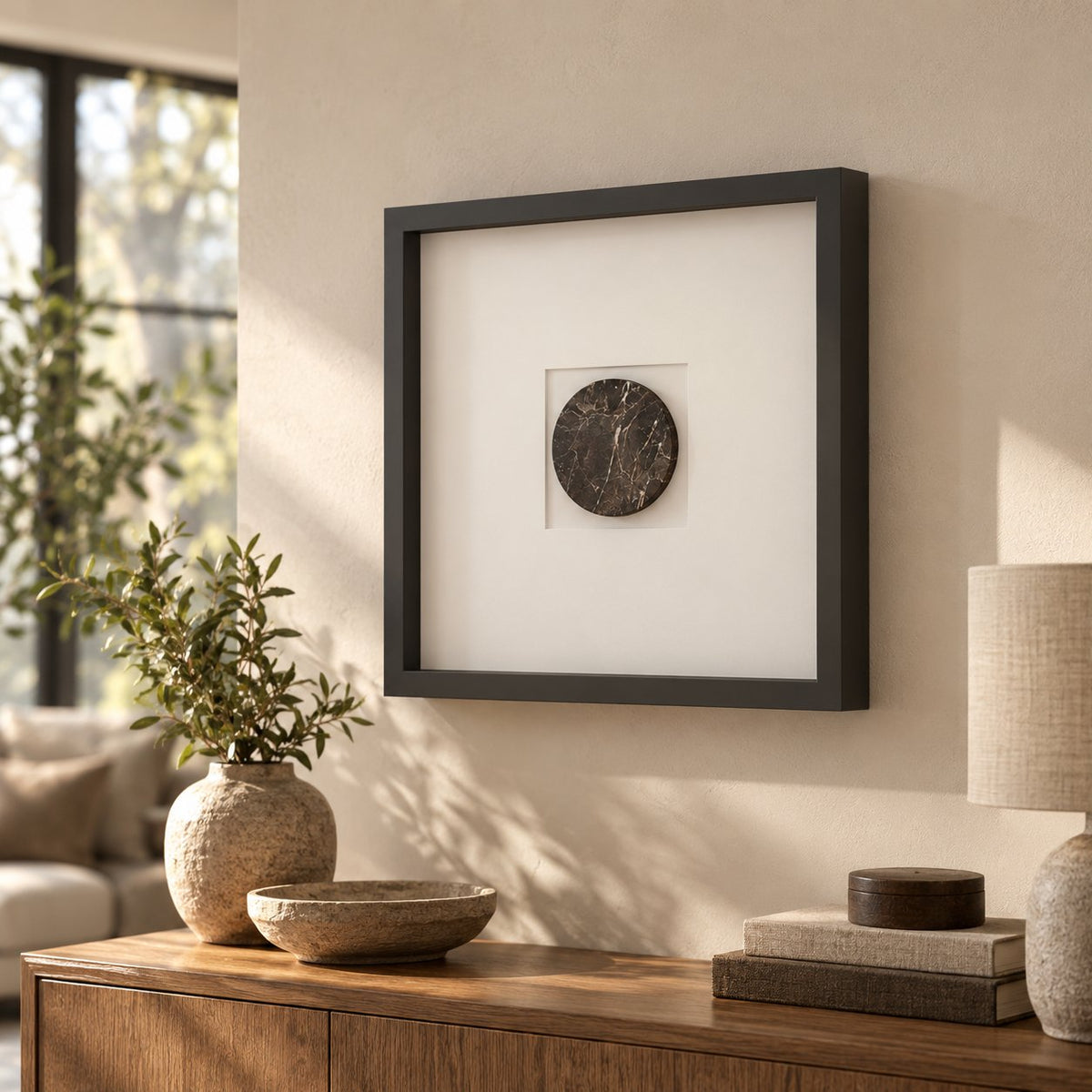 RoundHaven Wall Frame Decor, Spanish Emperador Marble, single configuration in a warm naturally lit oak interior