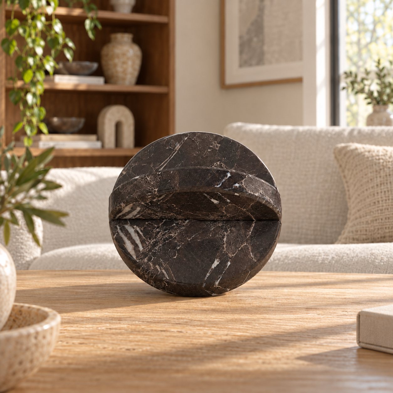 RoundHaven Spanish Emperador marble interlocking disc sculpture, frontal view on a warm oak console