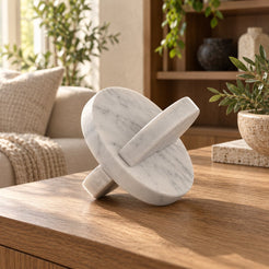 RoundHaven Marble Decor, Italian Carrara Marble, single configuration in a warm naturally lit oak interior