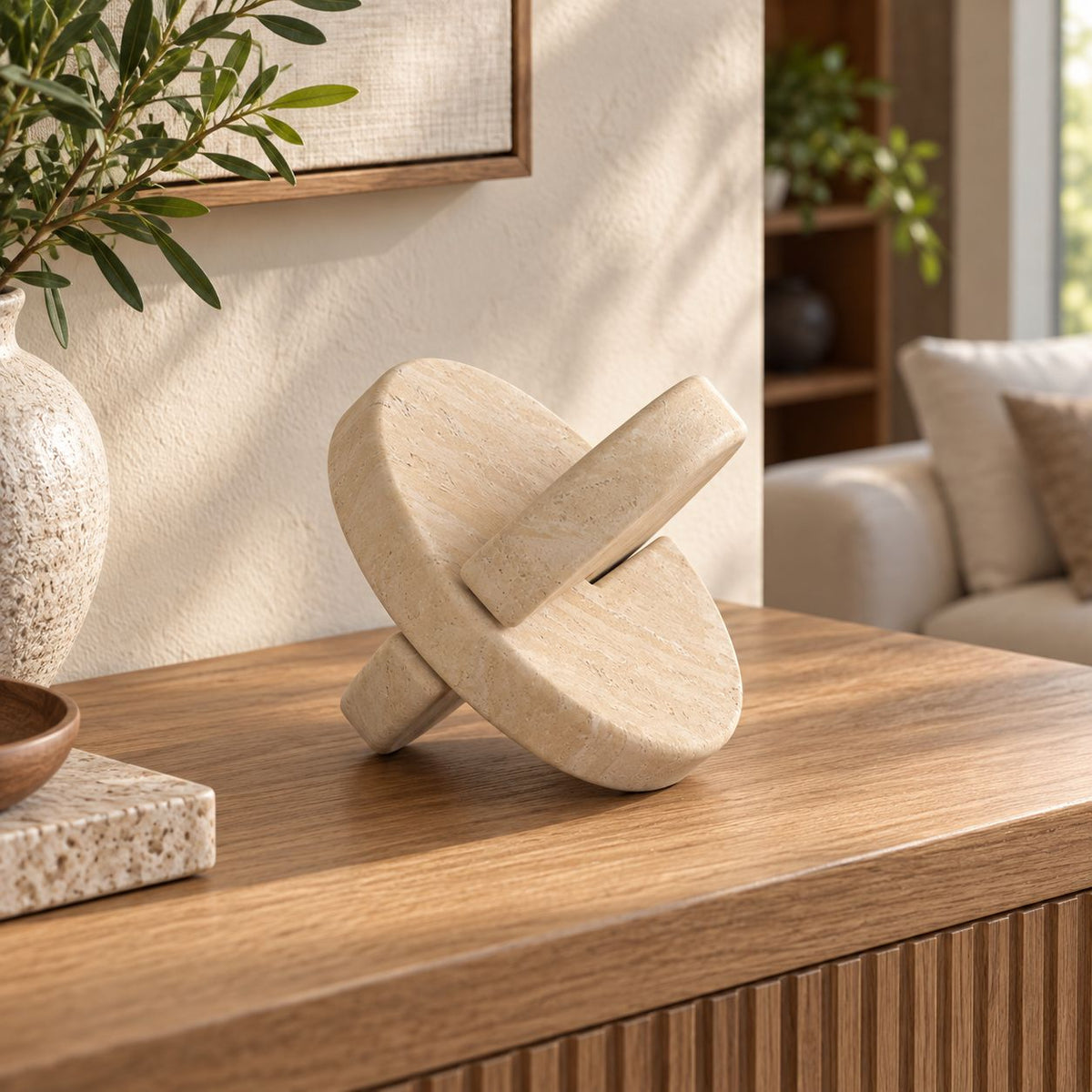 RoundHaven Marble Decor, Italian Classico Travertine, single configuration in a warm naturally lit oak interior