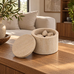 RoundHaven Aroma Diffuser, Italian Classico Travertine, single configuration in a warm naturally lit oak interior