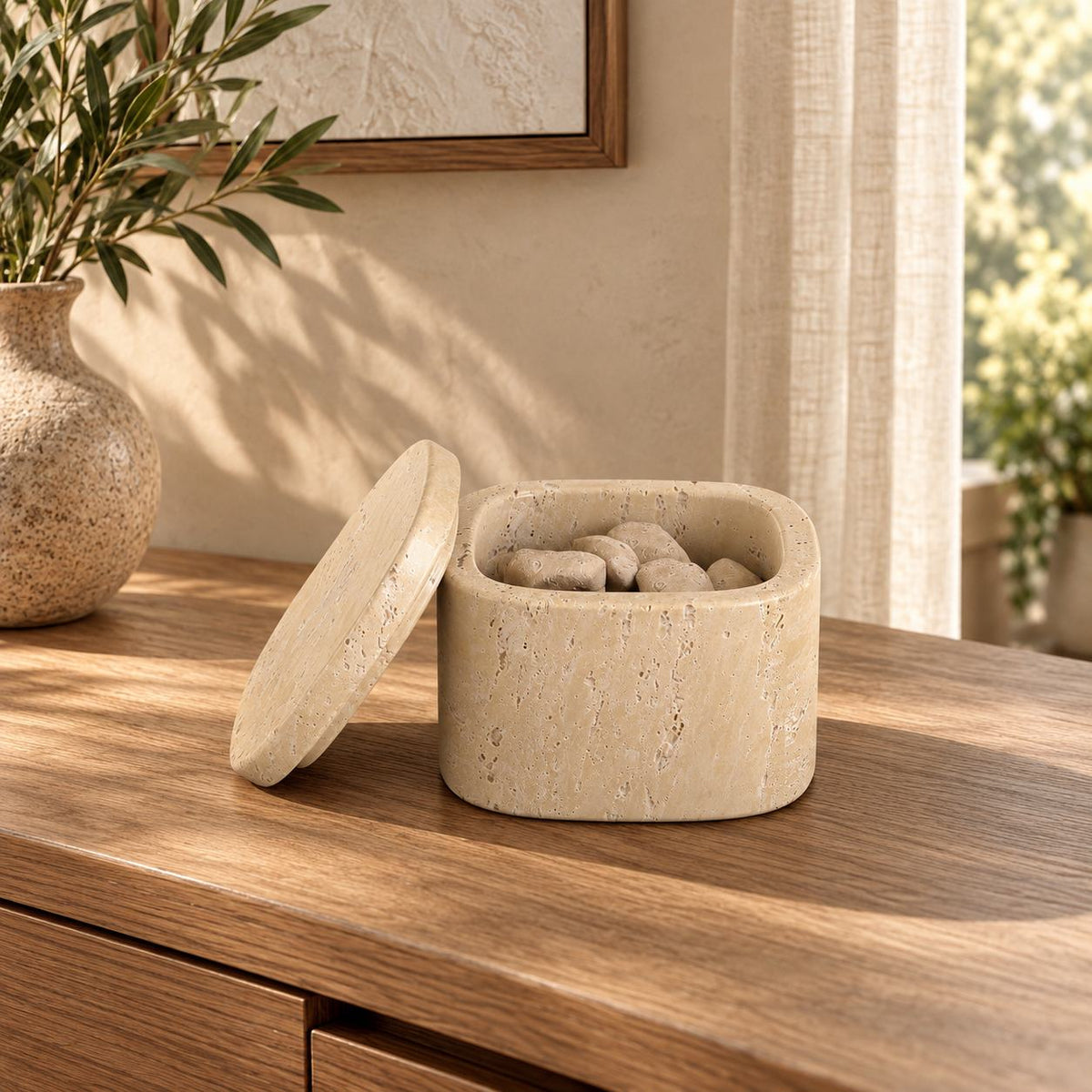 SquareSoft Classico travertine aroma diffuser with one matching rounded-square lid, front view in a warm natural-light interior