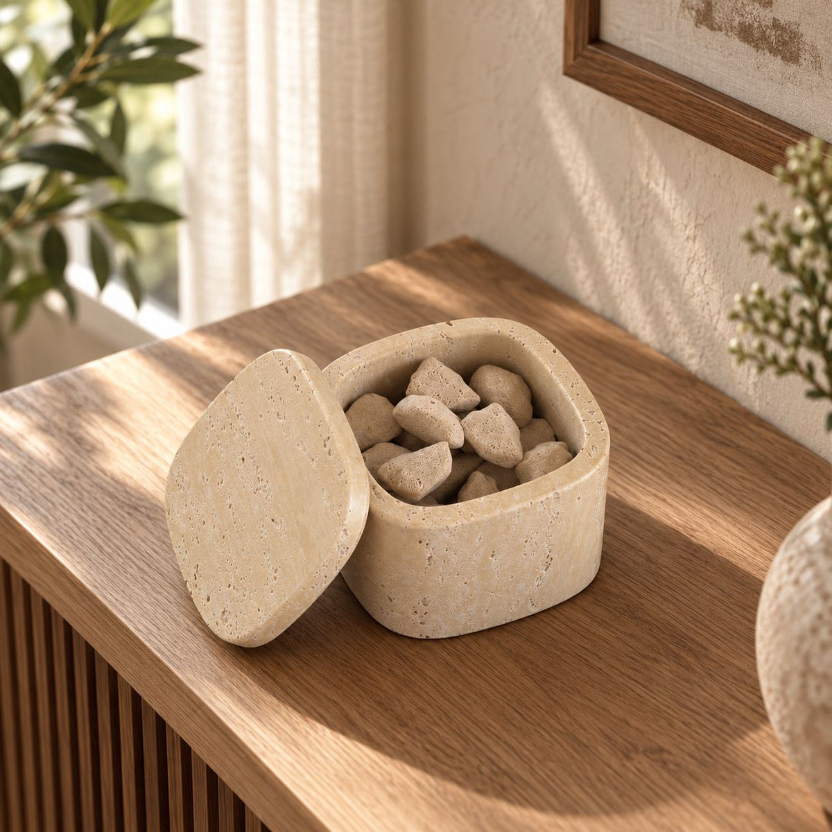 SquareSoft Classico travertine aroma diffuser with one matching rounded-square lid, left oblique view in a warm natural-light interior