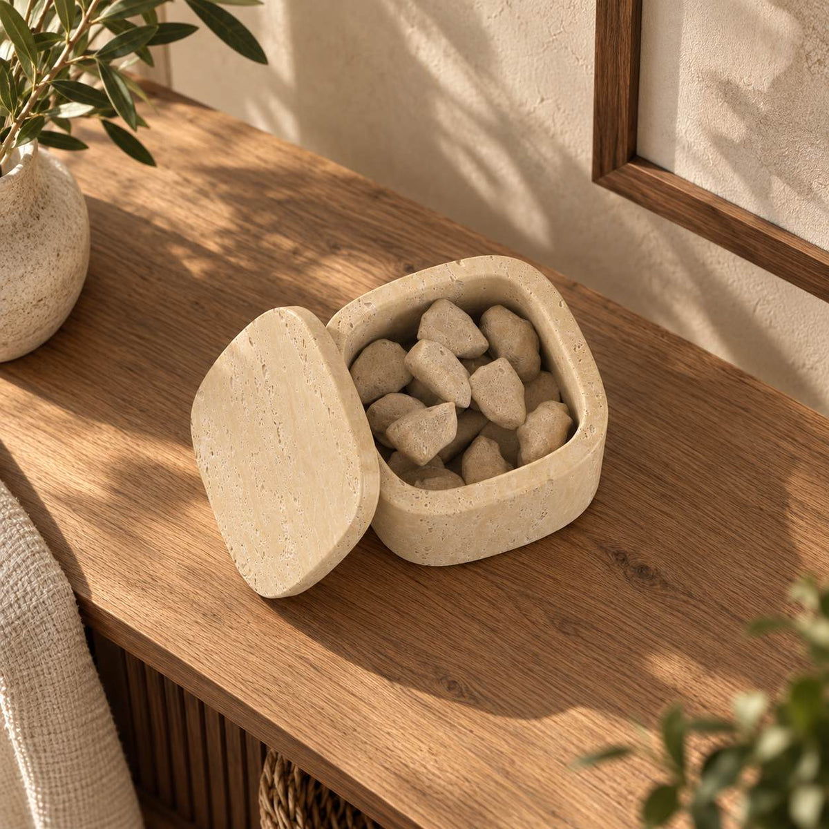 SquareSoft Classico travertine aroma diffuser with one matching rounded-square lid, near-overhead view in a warm natural-light interior