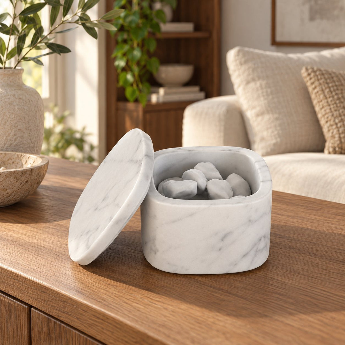 SquareSoft Aroma Diffuser, Italian Carrara Marble, single configuration in a warm naturally lit oak interior