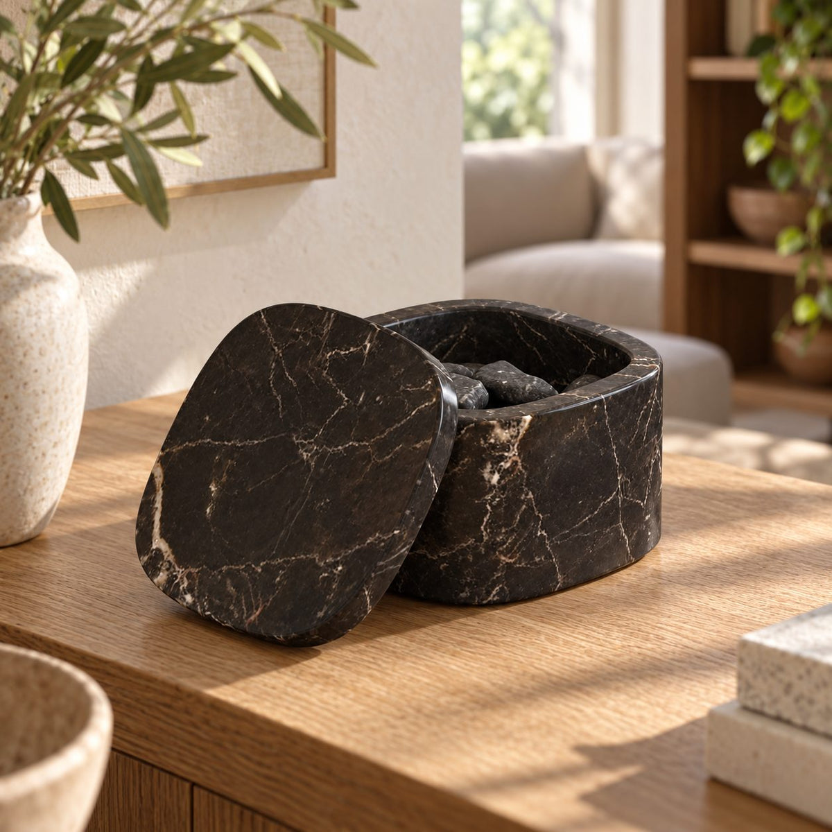 SquareSoft Aroma Diffuser, Spanish Emperador Marble, single configuration in a warm naturally lit oak interior
