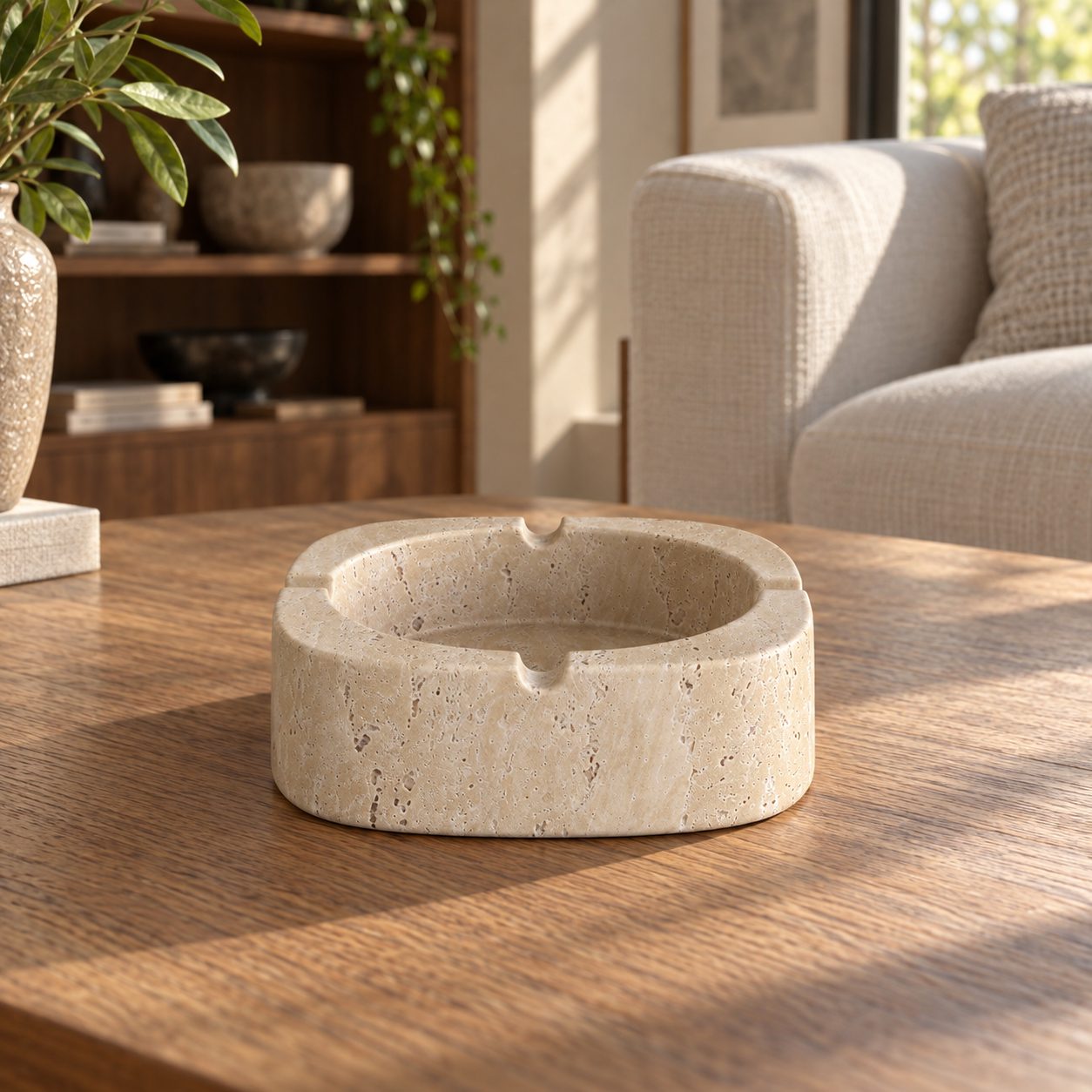 SquareSoft Classico travertine ashtray with four rim rests, low front view in a warm natural-light interior
