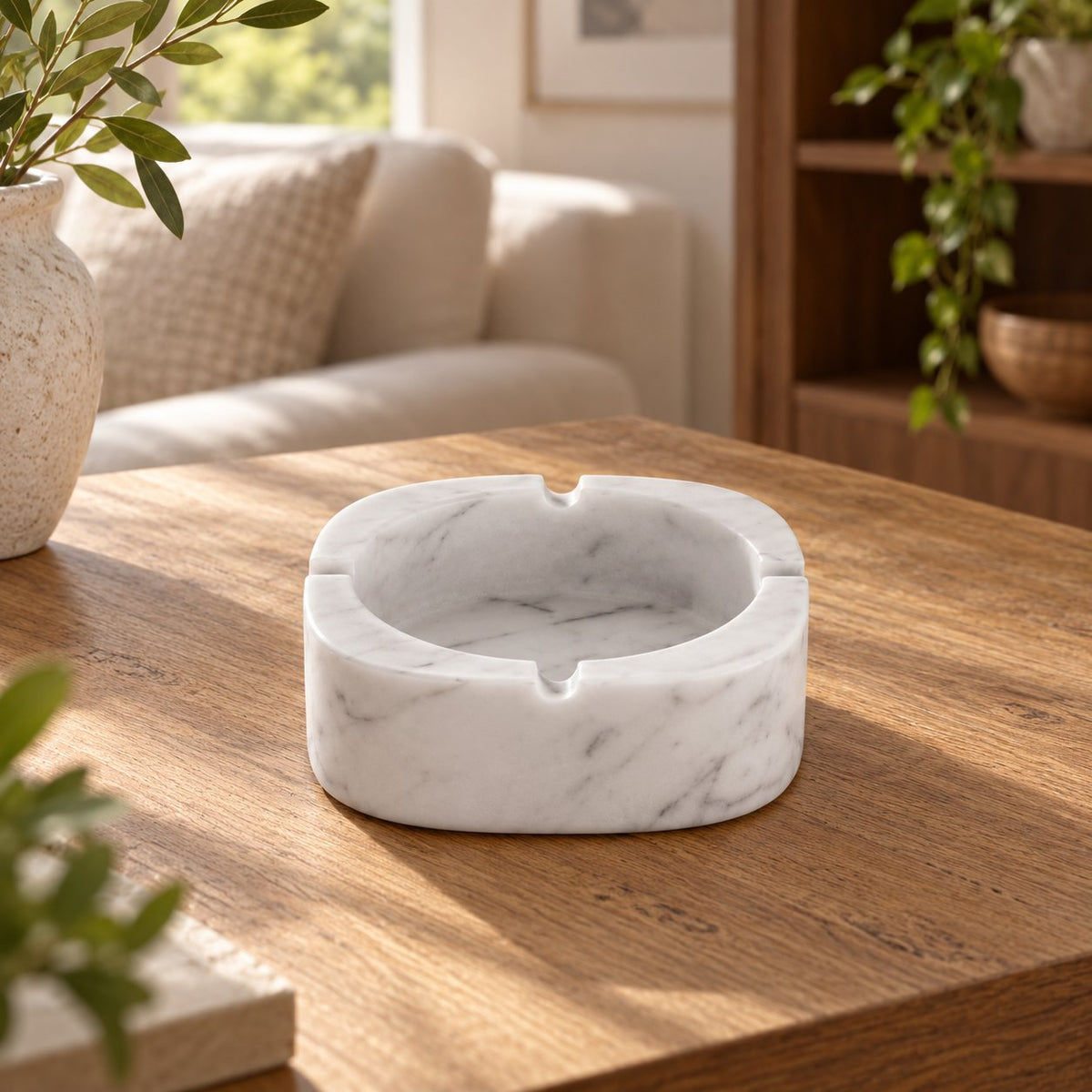 SquareSoft Marble Ashtray, Italian Carrara Marble, single configuration in a warm naturally lit oak interior