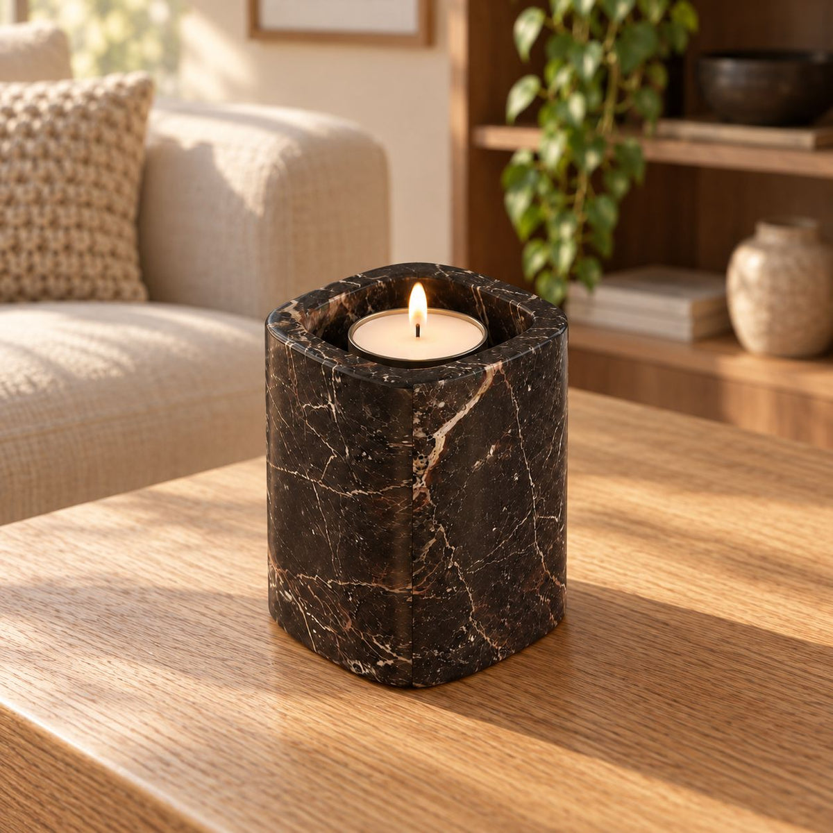 Tall SquareSoft Spanish Emperador marble candle holder with one lit tealight, diagonal left view showing its rounded-square corner