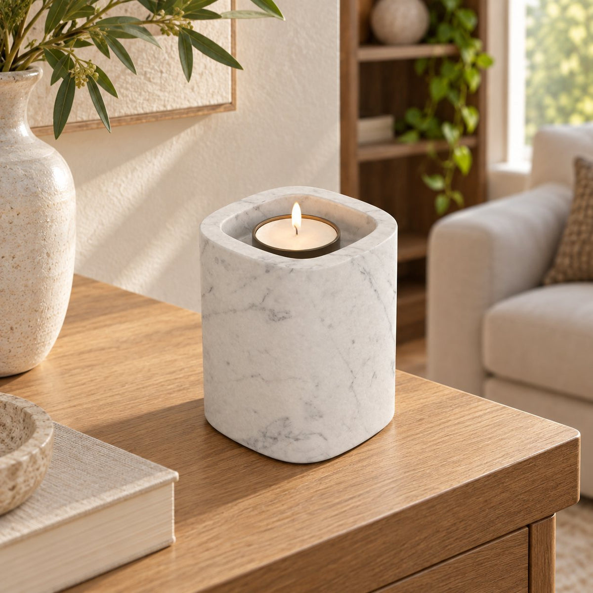 SquareSoft Marble Candle Holders, Italian Carrara Marble, Tall, single configuration in a warm naturally lit oak interior