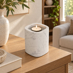 SquareSoft Marble Candle Holders, Italian Carrara Marble, Tall, single configuration in a warm naturally lit oak interior