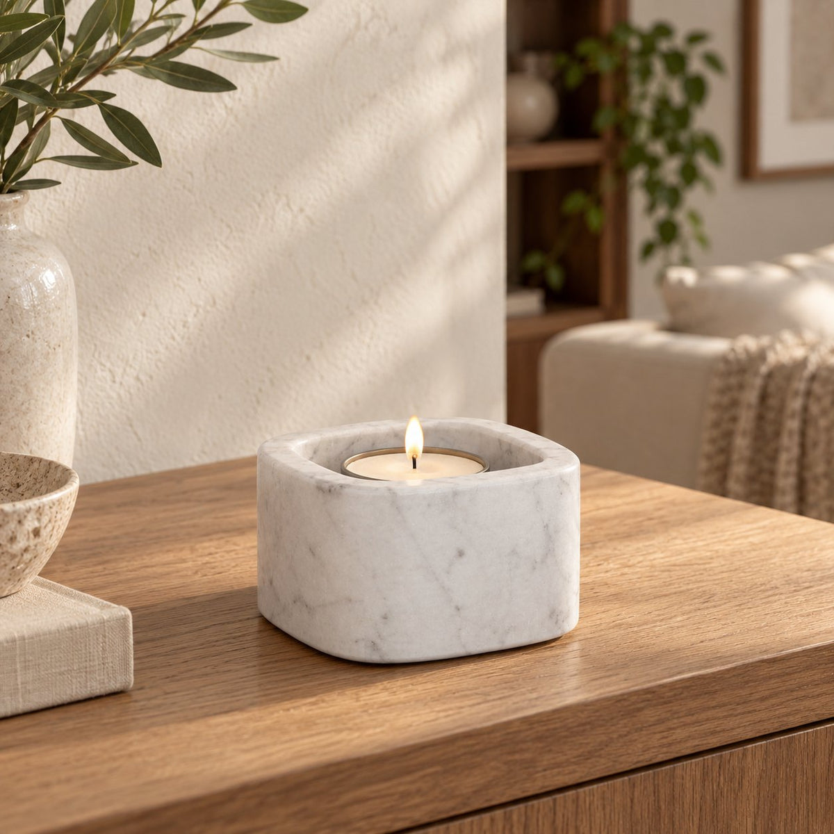 SquareSoft Marble Candle Holders, Italian Carrara Marble, Short, single configuration in a warm naturally lit oak interior