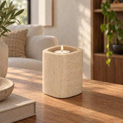 SquareSoft Marble Candle Holders, Italian Classico Travertine, Tall, single configuration in a warm naturally lit oak interior