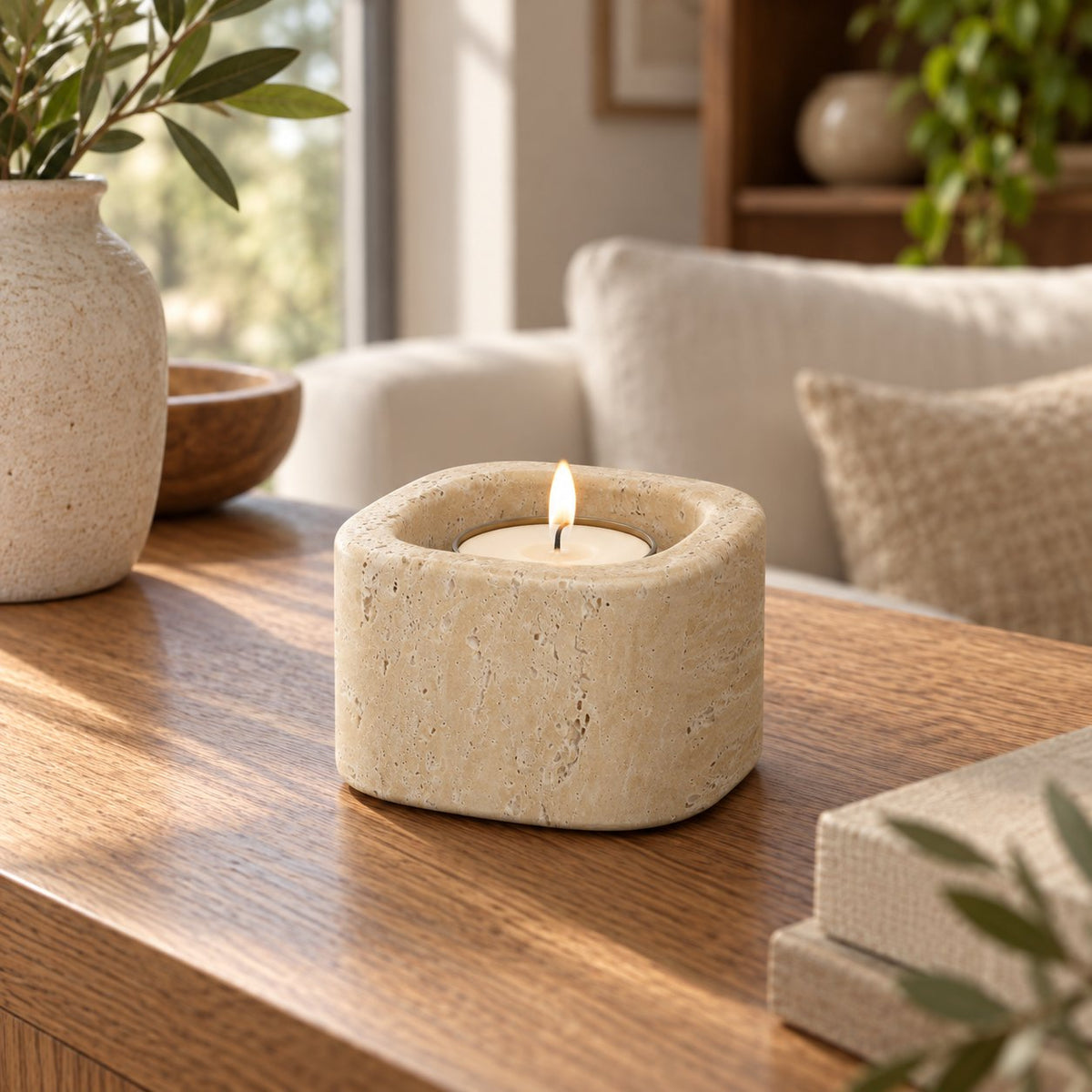 SquareSoft Marble Candle Holders, Italian Classico Travertine, Short, single configuration in a warm naturally lit oak interior