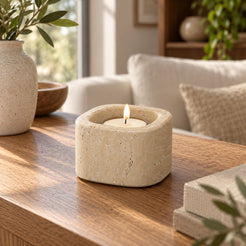 SquareSoft Marble Candle Holders, Italian Classico Travertine, Short, single configuration in a warm naturally lit oak interior