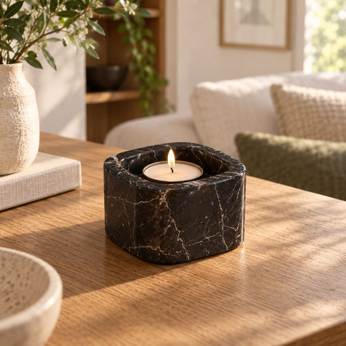SquareSoft Marble Candle Holders, Spanish Emperador Marble, Short, single configuration in a warm naturally lit oak interior