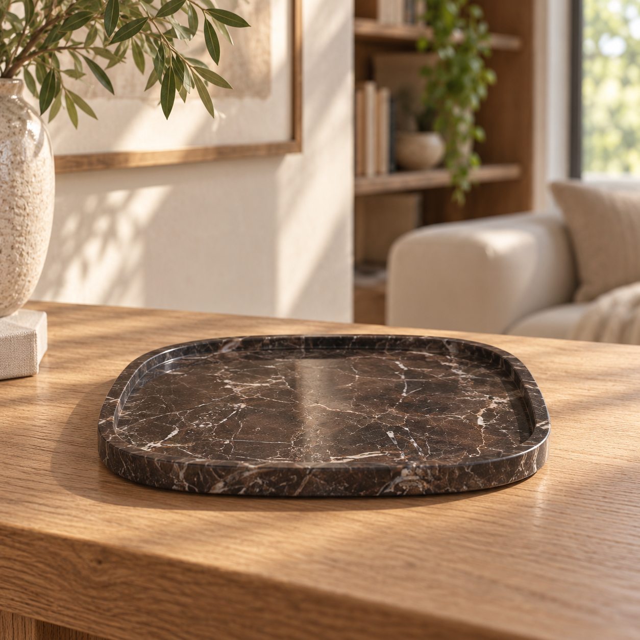 SquareSoft Spanish Emperador marble decorative tray, low front view on a warm oak console