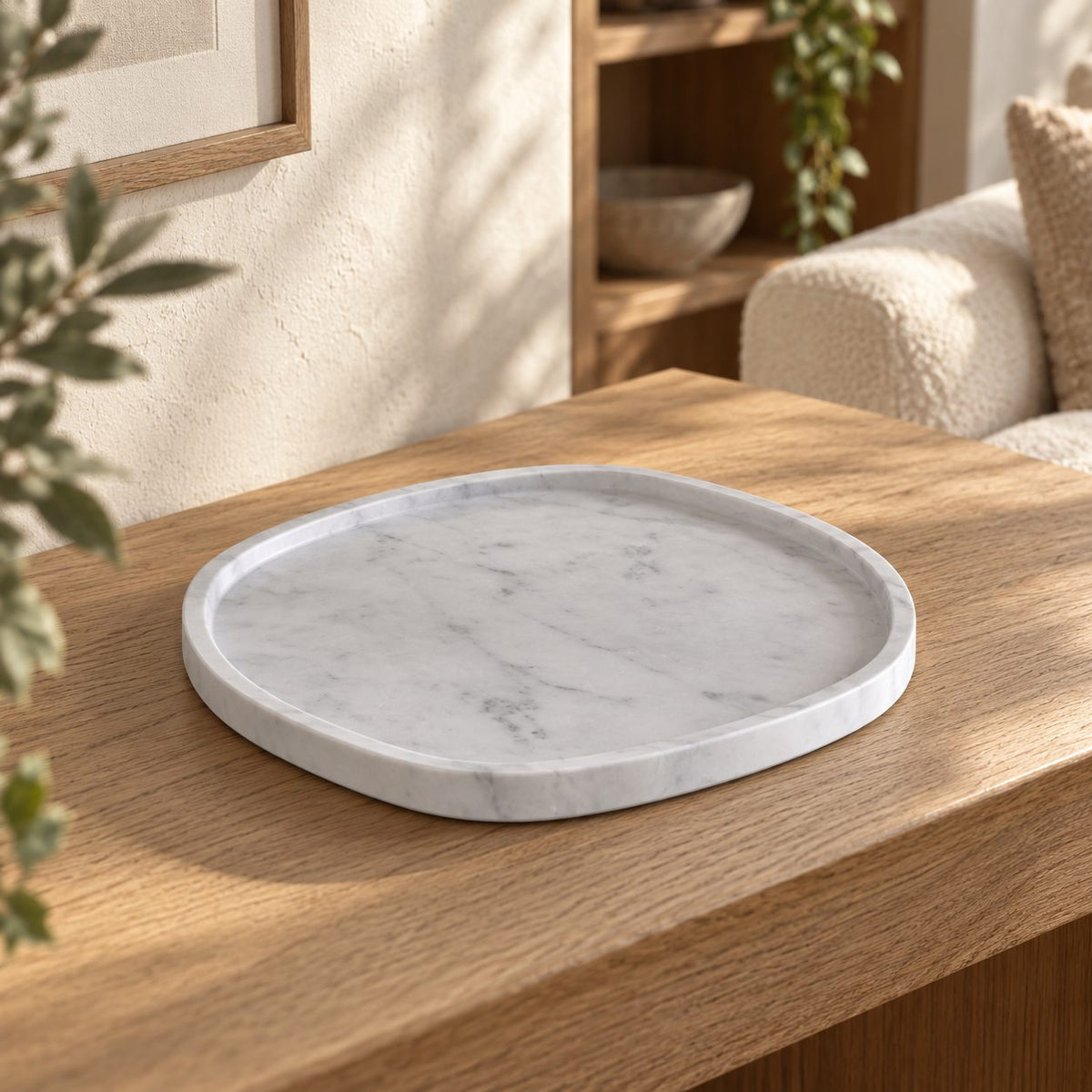 SquareSoft Decorative Tray, Italian Carrara Marble, single configuration in a warm naturally lit oak interior