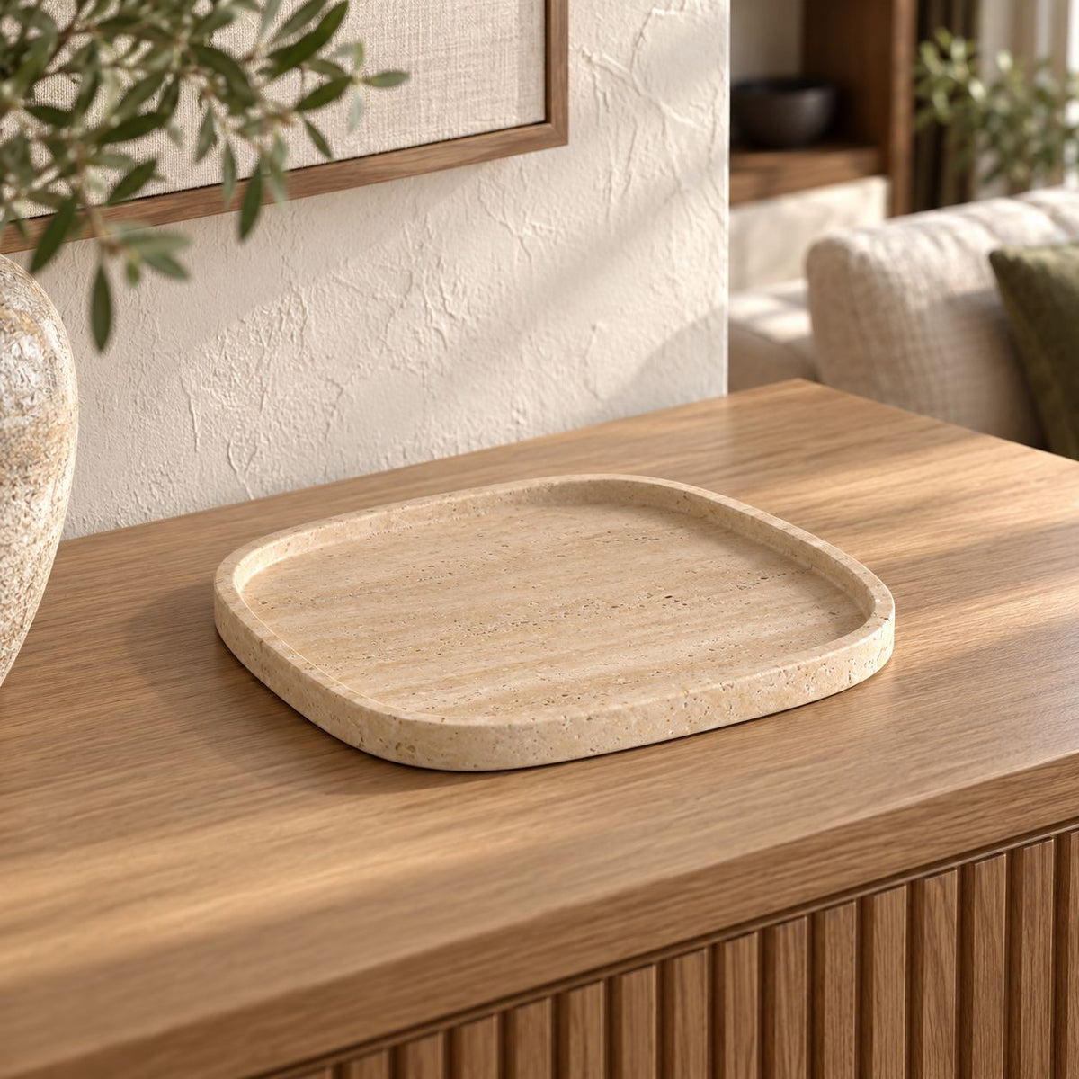 SquareSoft Decorative Tray, Italian Classico Travertine, single configuration in a warm naturally lit oak interior
