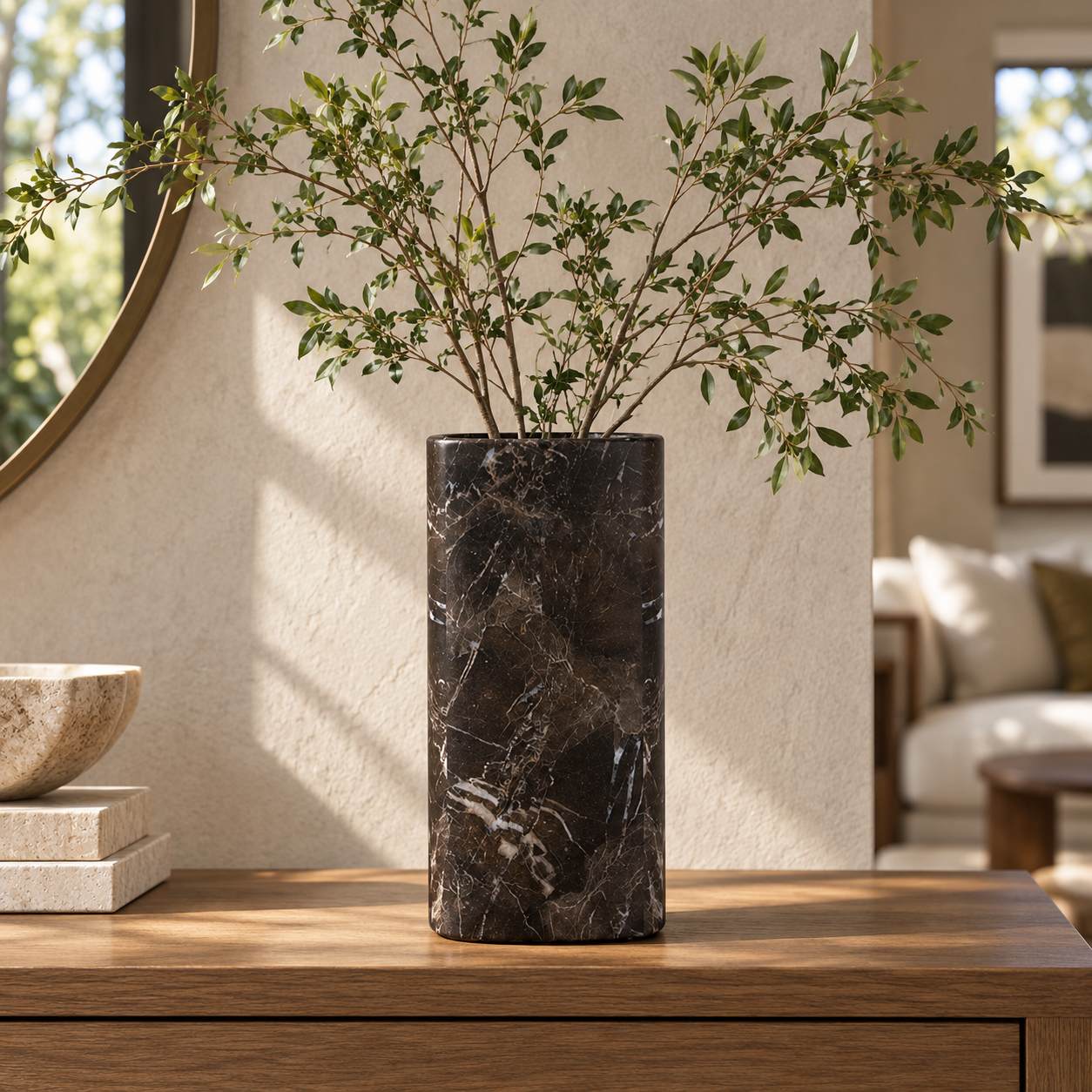 SquareSoft Spanish Emperador marble decorative vase, front view in a warm naturally lit interior