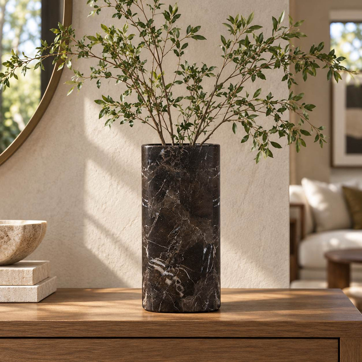 SquareSoft Spanish Emperador marble decorative vase, front view in a warm naturally lit interior