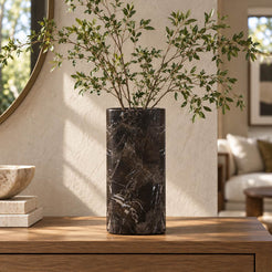 SquareSoft Spanish Emperador marble decorative vase, front view in a warm naturally lit interior