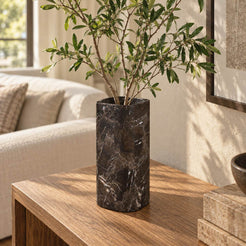 SquareSoft Spanish Emperador marble decorative vase, right or left oblique view in a warm naturally lit interior