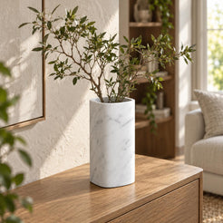 SquareSoft Decorative Vases, Italian Carrara Marble, single configuration in a warm naturally lit oak interior