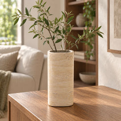 SquareSoft Decorative Vases, Italian Classico Travertine, single configuration in a warm naturally lit oak interior