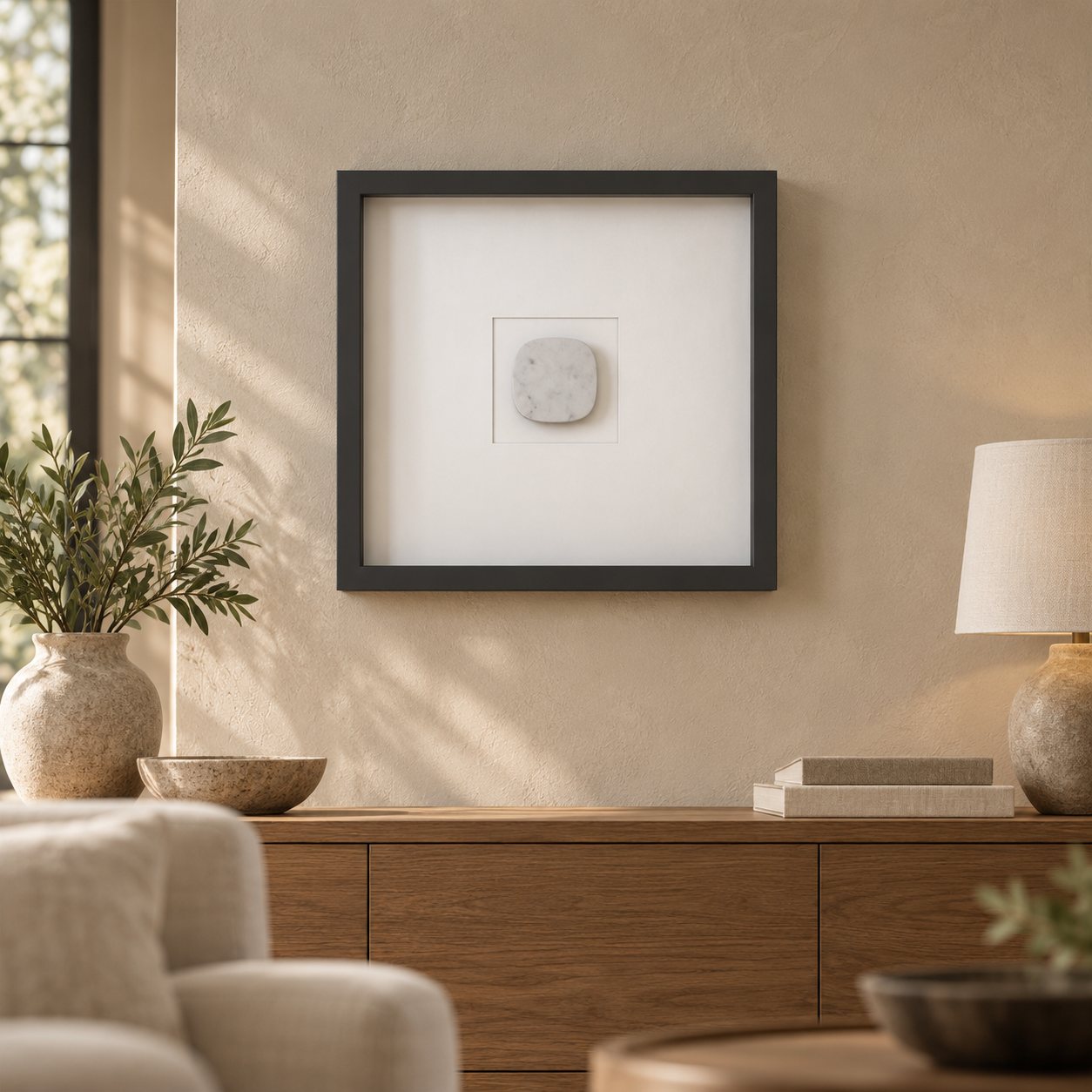 SquareSoft Italian Carrara marble wall frame decor, front view in a warm naturally lit interior