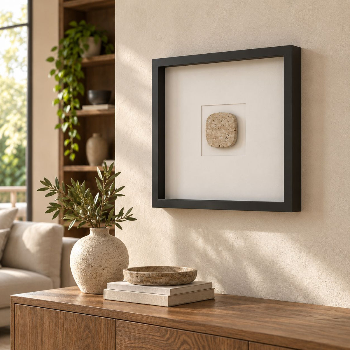 SquareSoft Wall Frame Decor, Italian Classico Travertine, single configuration in a warm naturally lit oak interior