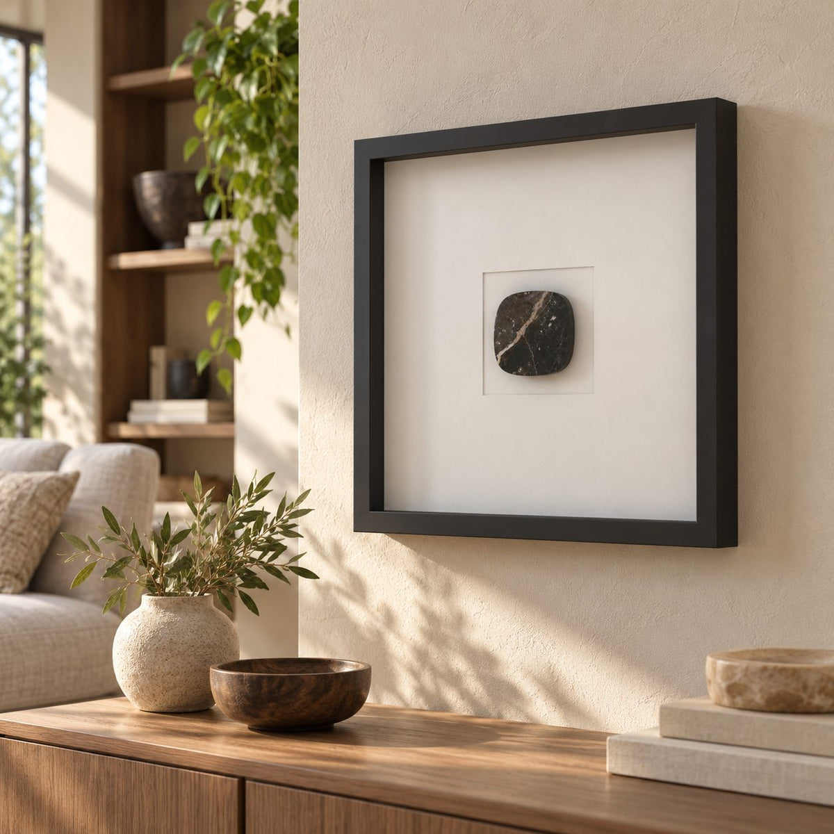 SquareSoft Wall Frame Decor, Spanish Emperador Marble, single configuration in a warm naturally lit oak interior