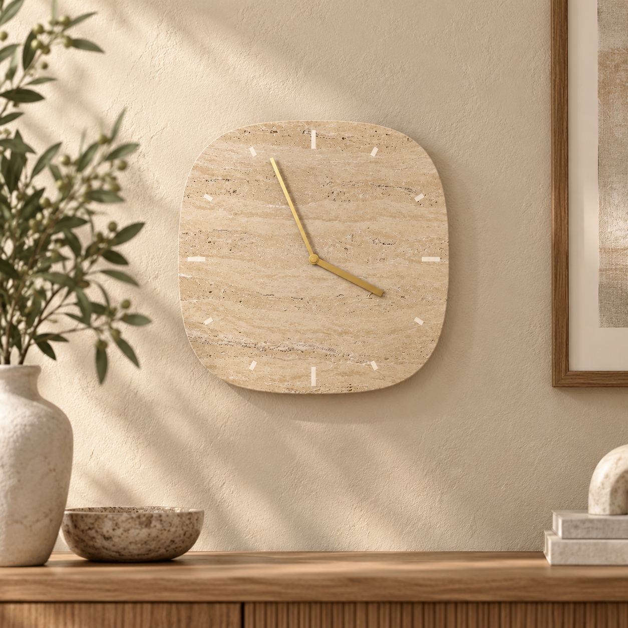 SquareSoft Italian Classico travertine wall clock, front view in a warm naturally lit interior