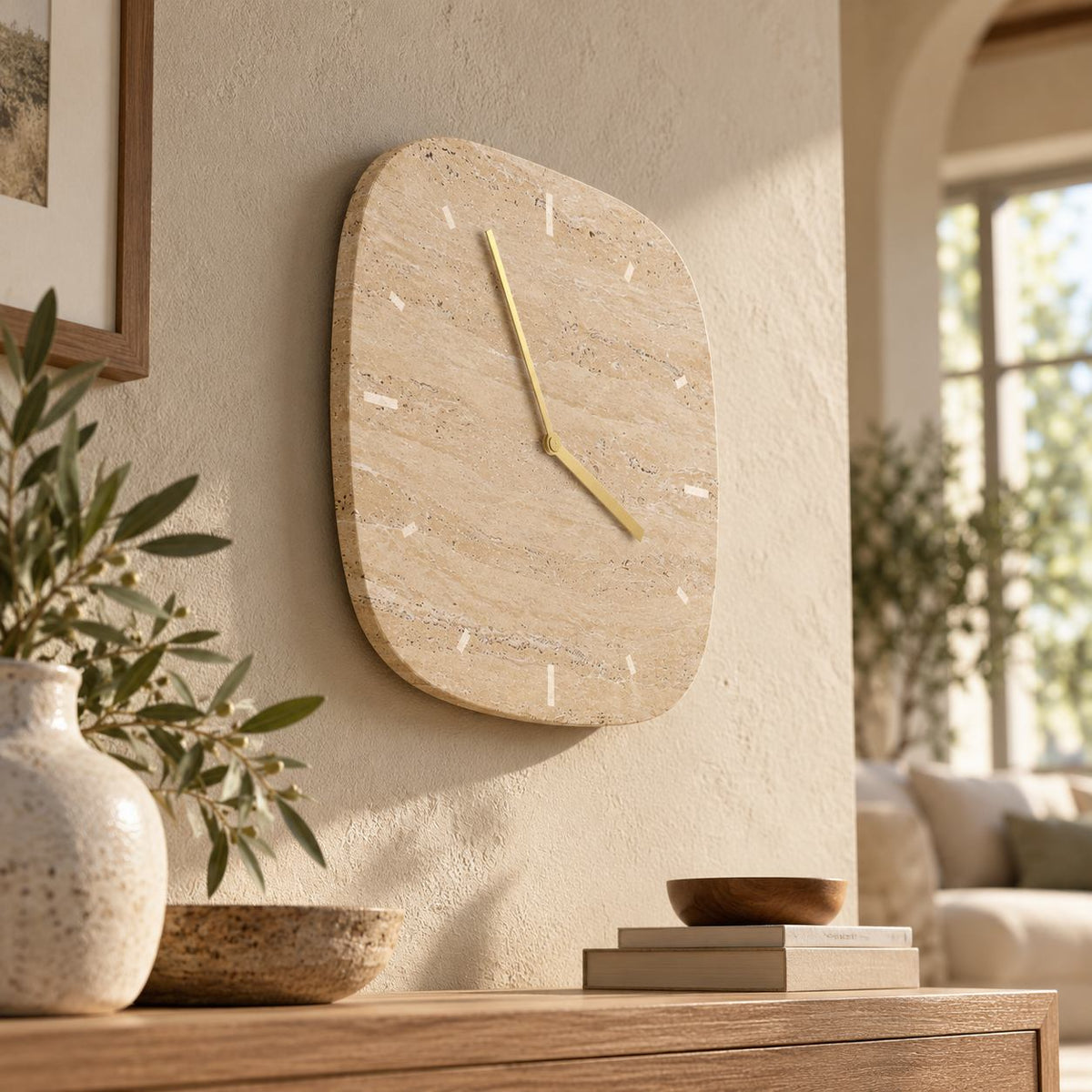 SquareSoft Italian Classico travertine wall clock, right or left oblique view in a warm naturally lit interior