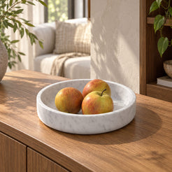RoundHaven Fruit Tray, Italian Carrara Marble, single configuration in a warm naturally lit oak interior