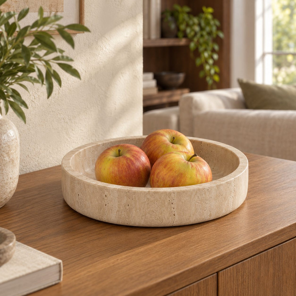 RoundHaven Fruit Tray, Italian Classico Travertine, single configuration in a warm naturally lit oak interior