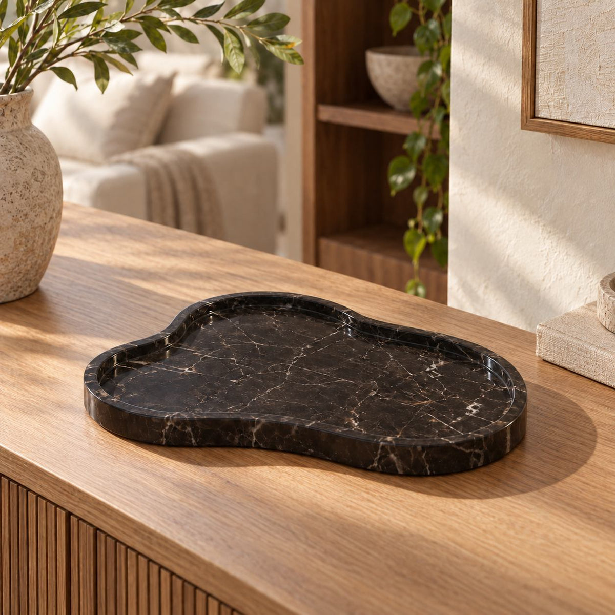 CloudDream Decorative Tray, Spanish Emperador Marble, single configuration in a warm naturally lit oak interior