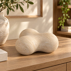 CloudDream Italian Classico travertine tabletop decor, low front view in a warm naturally lit interior