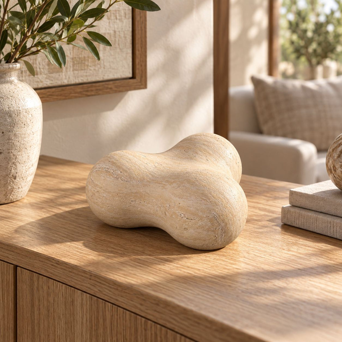 CloudDream Italian Classico travertine tabletop decor, oblique view in a warm naturally lit interior