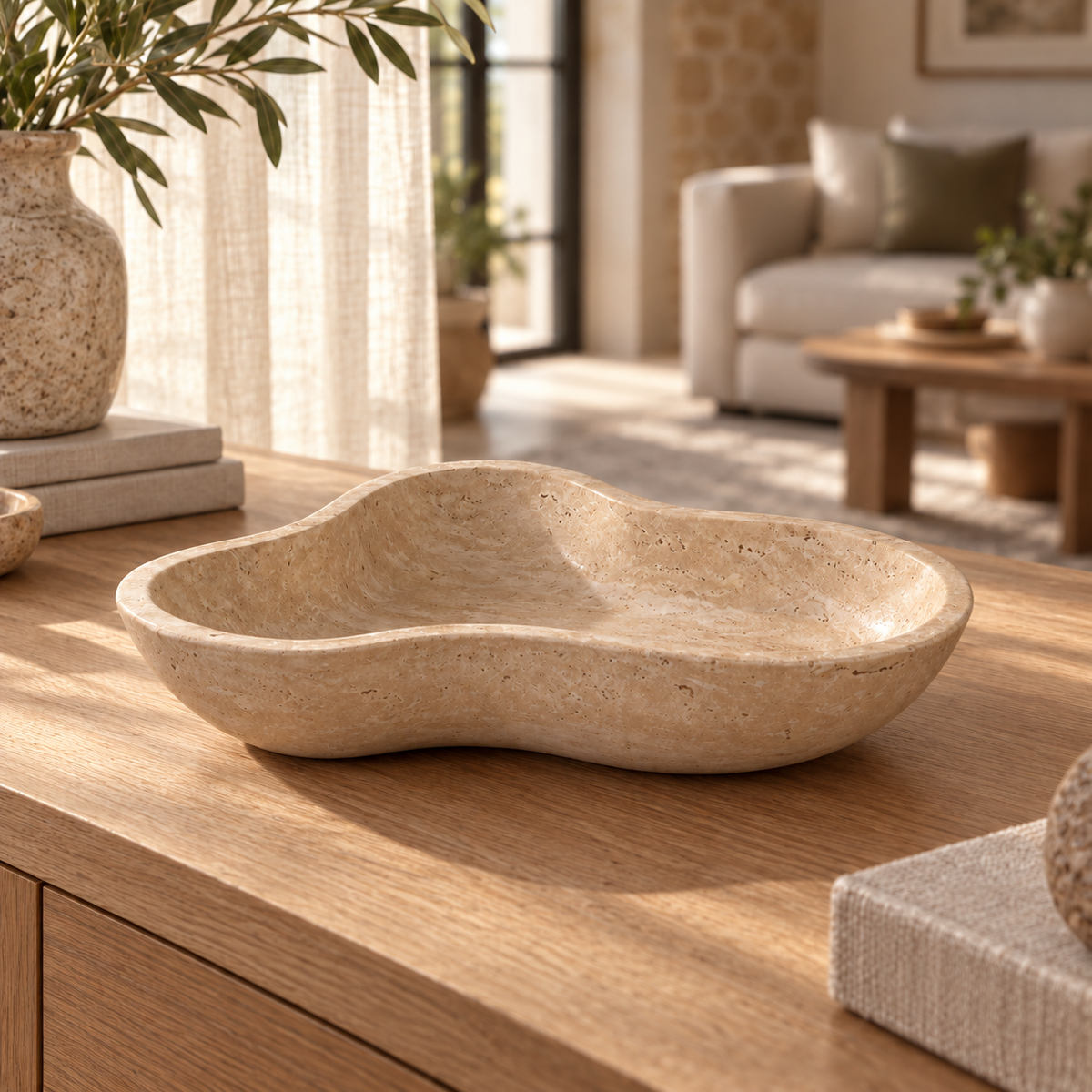 CloudDream Fruit Tray, Italian Classico Travertine, Hero low front oblique camera 15 degrees above tabletop, aligned across wider rim, full rounded outside and shallow interior visible., warm natural light lifestyle