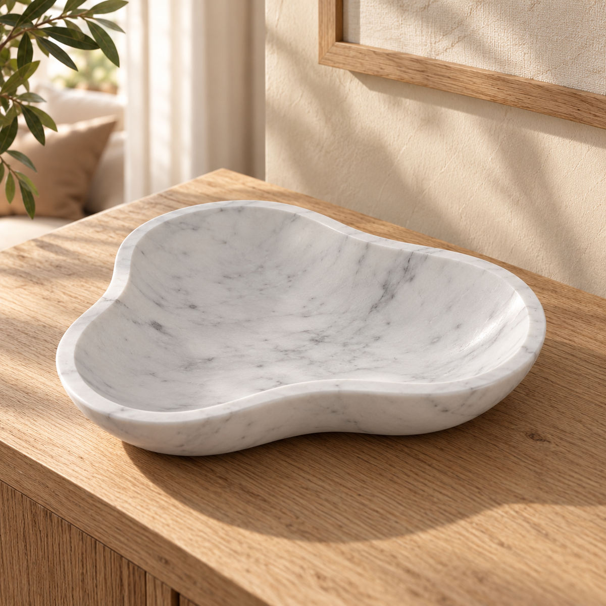 CloudDream Fruit Tray in Italian Carrara Marble in warm natural home light, one complete product